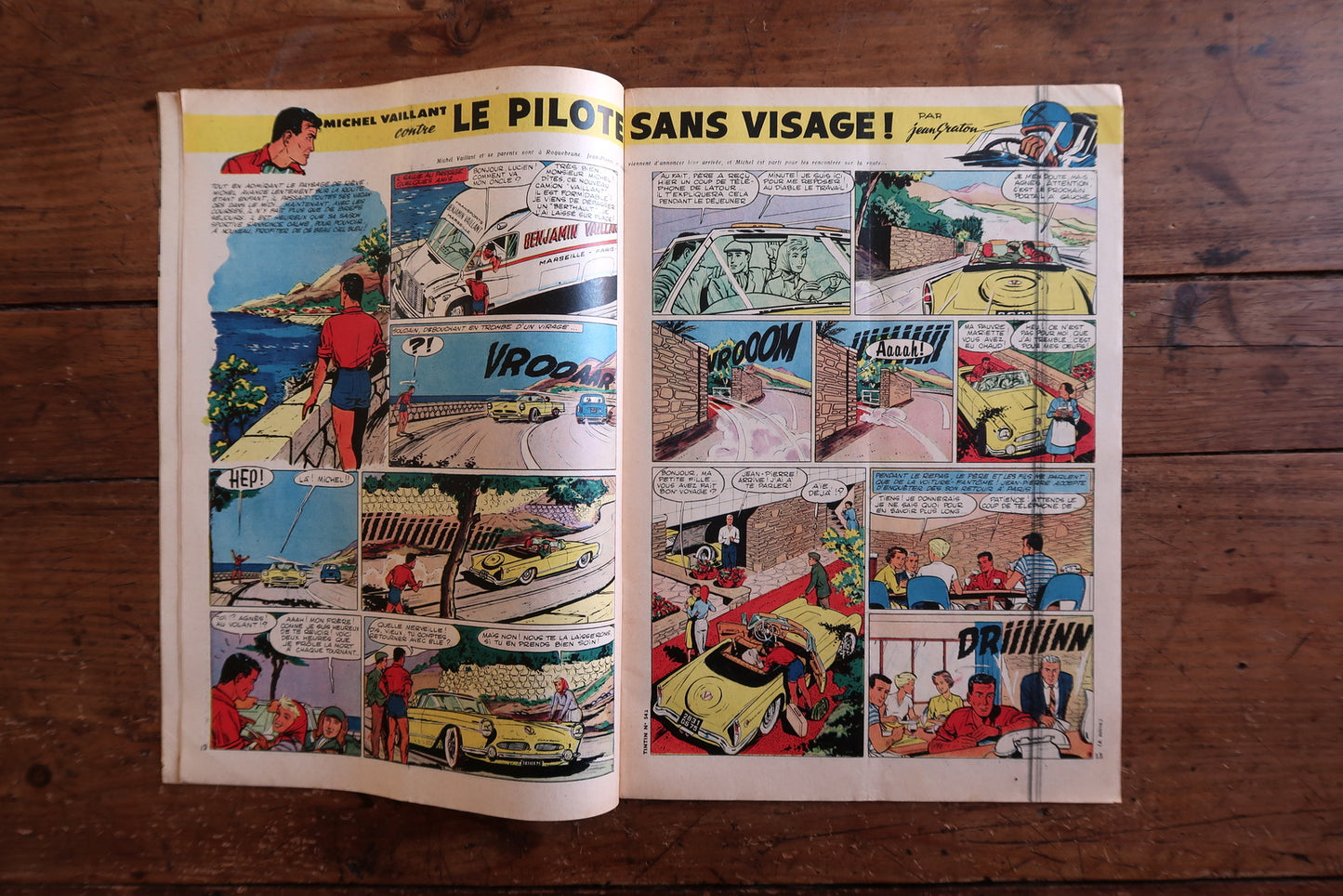 Back cover and spine detail of a March 12, 1959 Tintin comic magazine in good vintage condition with light wear to edges and corners, staples intact.

