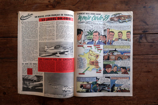 Close-up of the cover art on a 1959 French Tintin comic book magazine showing a sleek racing car design by Jean Graton, with the iconic Tintin header and issue details.

