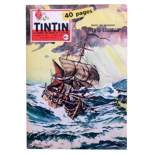 Front cover of original Tintin magazine No. 541 from March 5, 1959, Le Journal de Tintin, featuring a dramatic nautical illustration of a ship battling powerful ocean waves, capturing mid-century maritime adventure.

