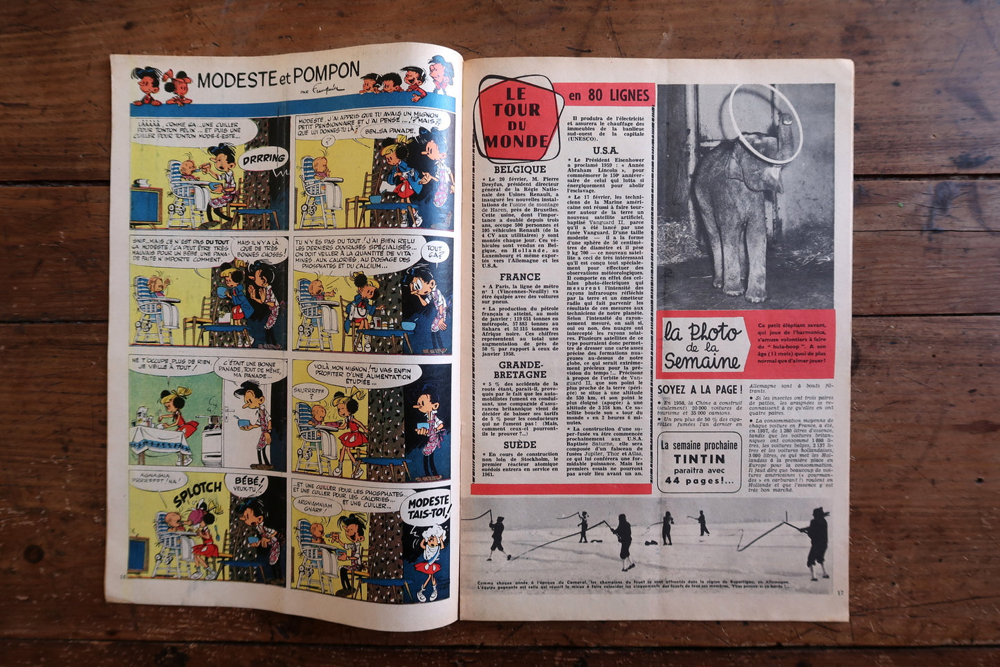 Open view of original Tintin magazine No. 541 showing interior comic strips including Modeste et Pompon, adventure stories by Willy Vandersteen, and educational sections like Le Tour du Monde en 80 lignes.

