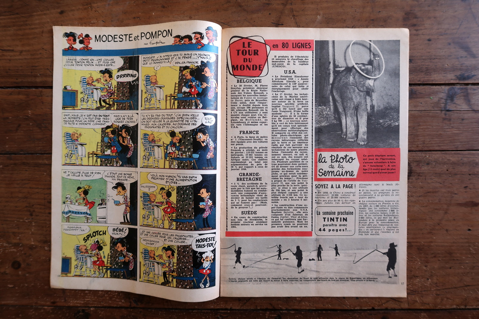 Open view of original Tintin magazine No. 541 showing interior comic strips including Modeste et Pompon, adventure stories by Willy Vandersteen, and educational sections like Le Tour du Monde en 80 lignes.

