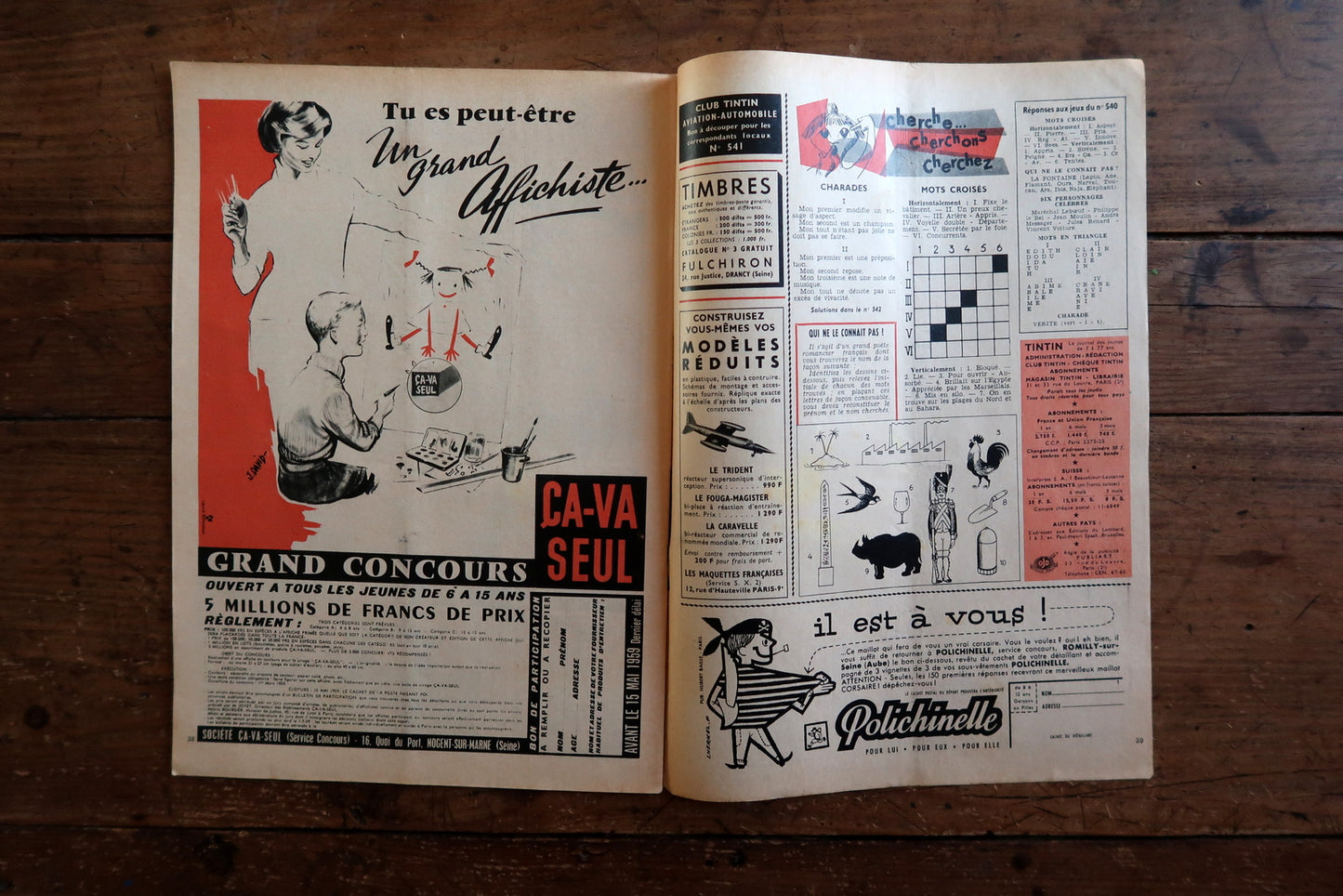 Close-up of the cover art on a 1959 French Tintin comic book magazine showing a ship struggling against stormy seas, with the iconic Tintin header and issue details.

