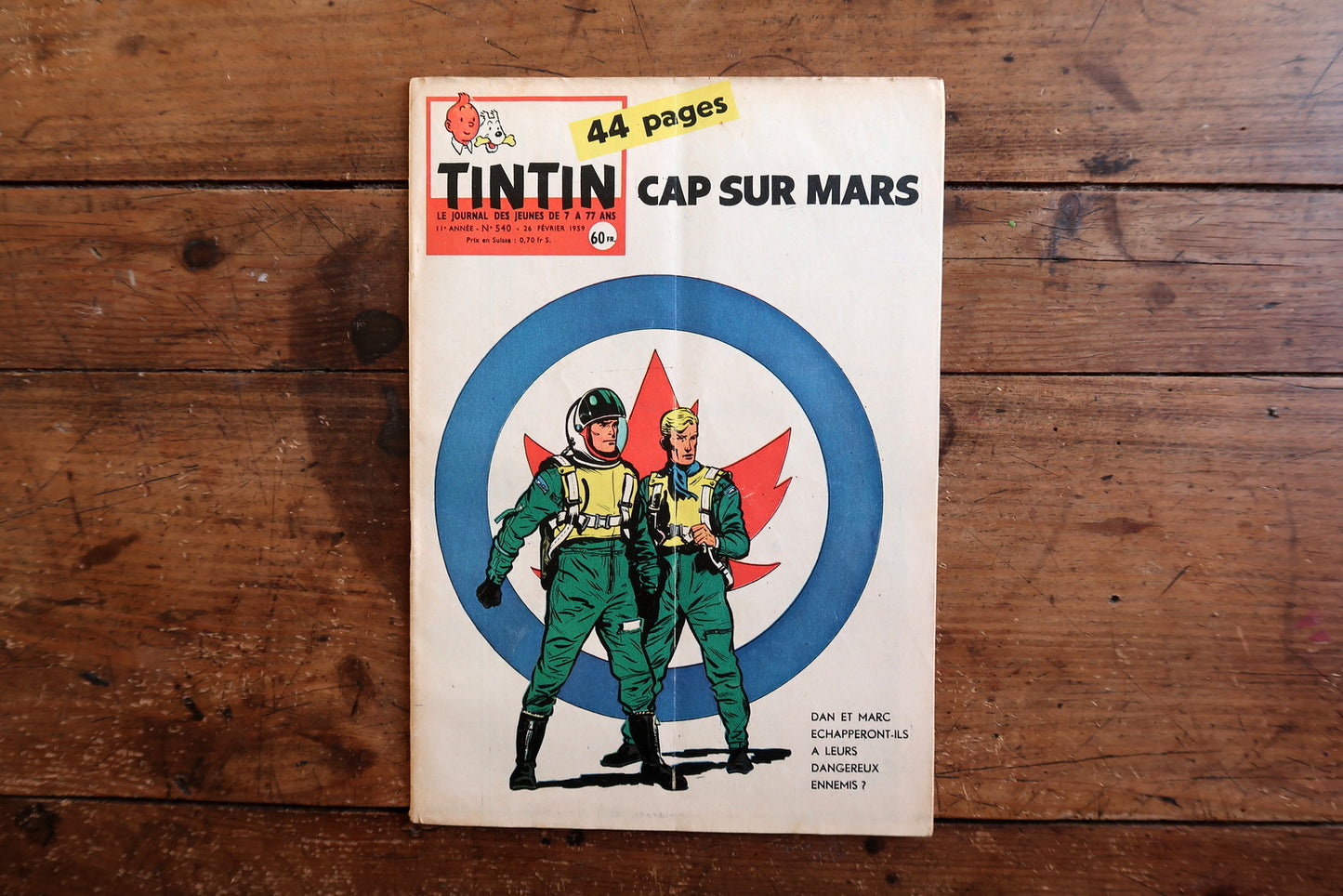 Vintage February 26, 1959 Tintin magazine issue No. 540 displayed flat, measuring approximately 8.3 x 11.8 inches, with French language text and bande dessinée artwork.

