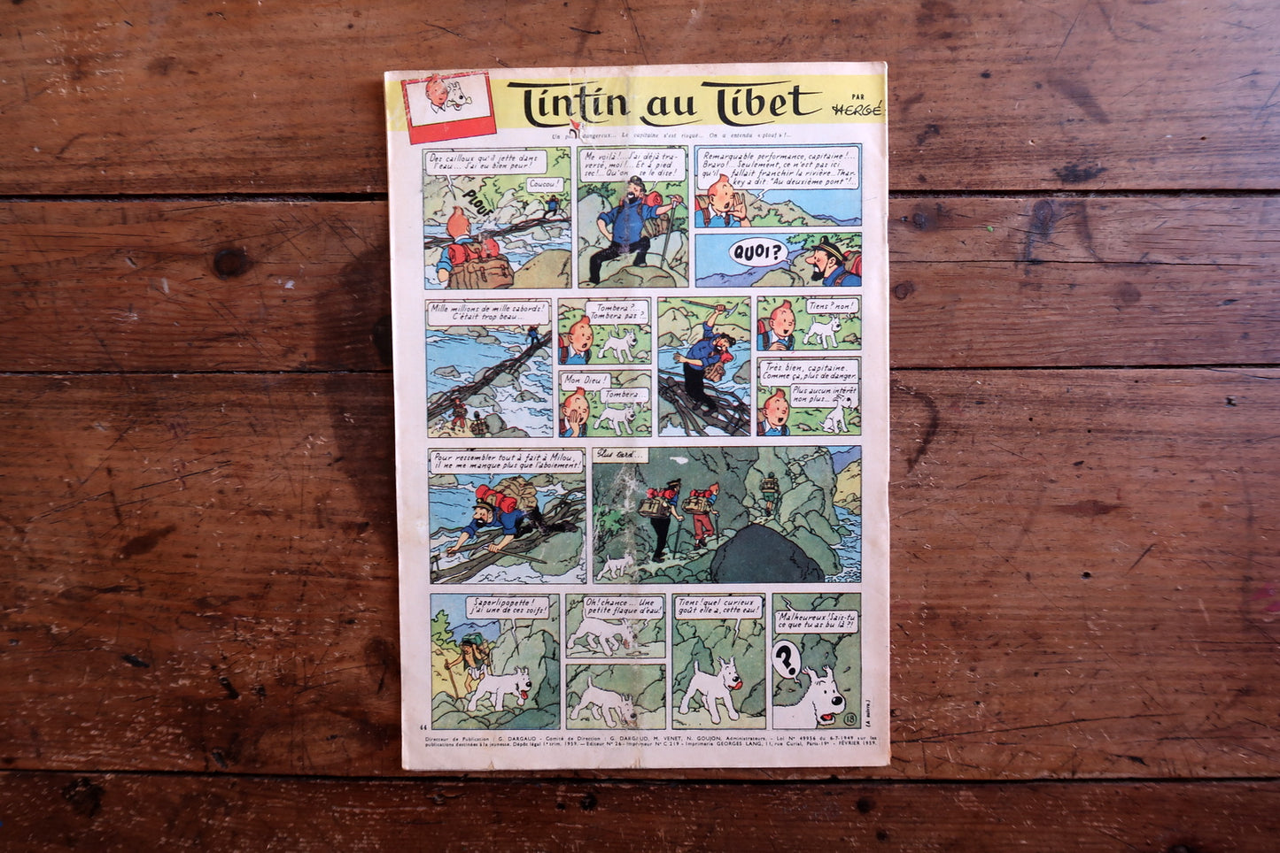 Collectible 1959 Le Journal de Tintin magazine from the golden age of Franco-Belgian comics, featuring a science-fiction “Cap sur Mars” cover and interior pages including Tintin au Tibet by Hergé.

