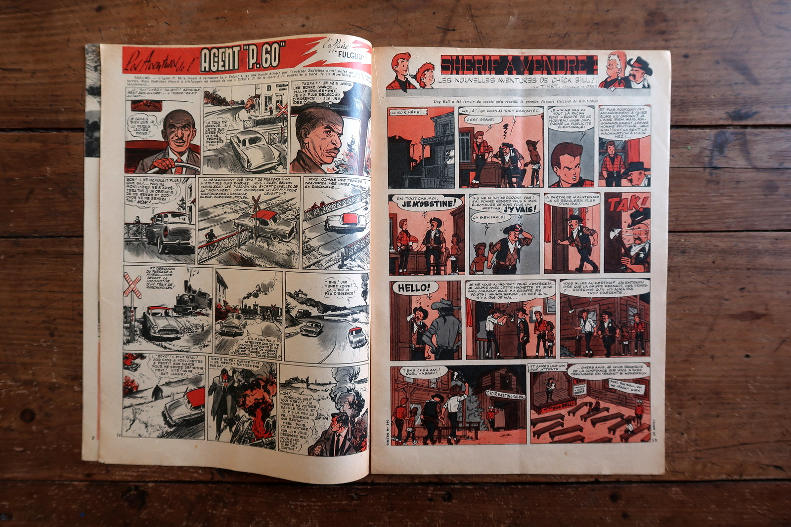 Back cover and spine detail of a February 26, 1959 Tintin comic magazine in good vintage condition with light wear to edges and corners, staples intact.

