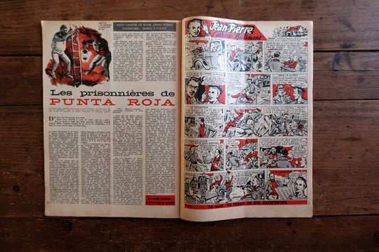 Close-up of the cover art on a 1959 French Tintin comic book magazine showing a striking Space Age illustration of astronauts on Mars, with the iconic Tintin header and issue details.

