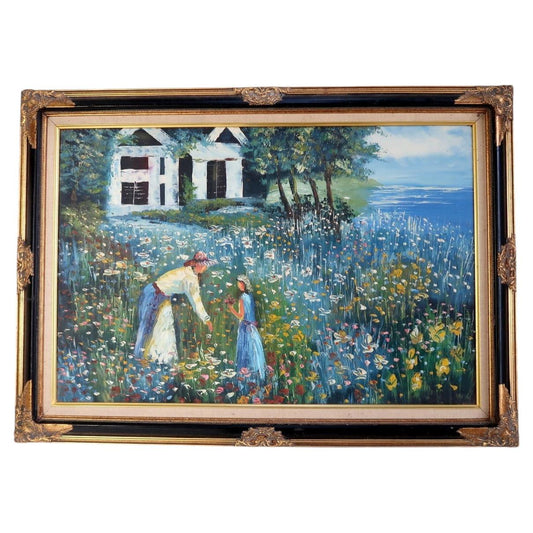 Full view of a vintage Impressionist style oil painting on canvas depicting a tender mother and child scene in a blooming wildflower meadow, with a countryside home and waterfront landscape in the background.

