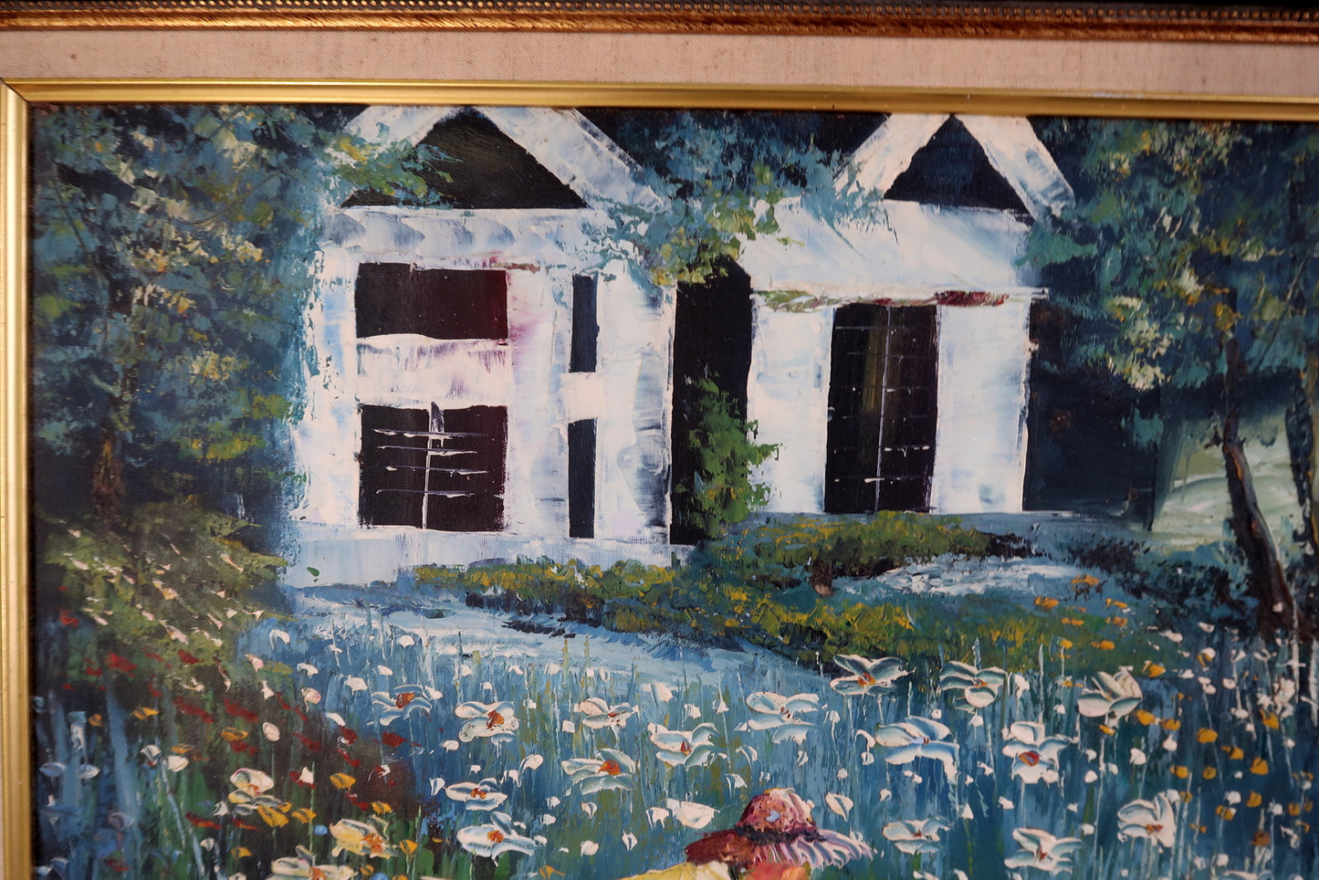 Close-up of the background landscape in a vintage Impressionist painting, showing a small house surrounded by trees and a serene body of water adding depth and tranquility.

