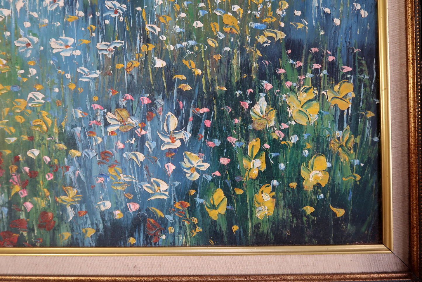 Vintage 20th century oil painting in good overall condition, with expressive brushwork capturing light and movement in a mother and child floral meadow scene.

