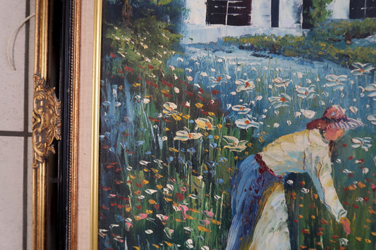 Close-up of a 20th century oil painting showing a mother and child interacting in a floral field, executed with expressive brushstrokes and vibrant colors in a soft Impressionist style.

