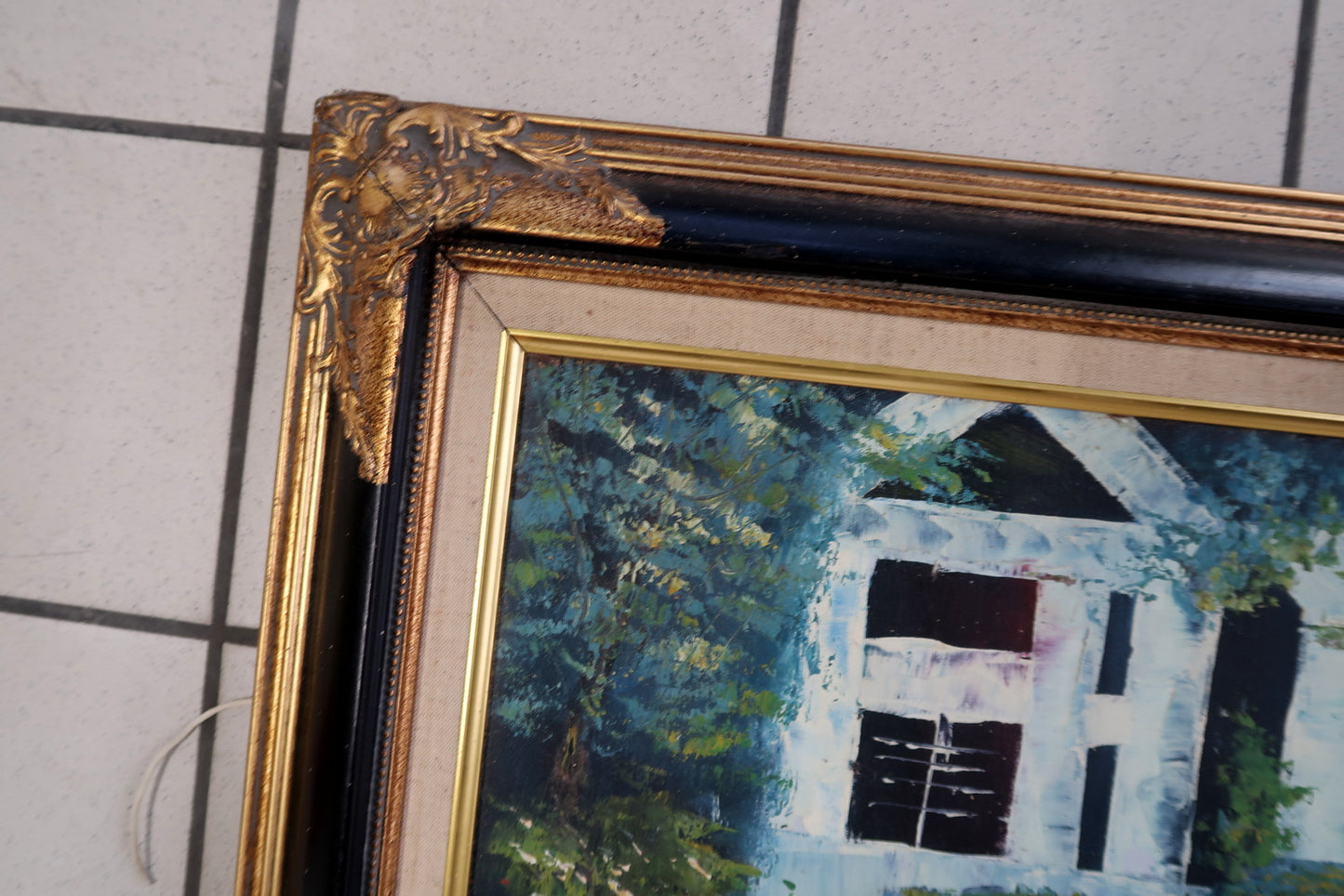 Vintage decorative oil painting on canvas measuring approximately 2.5 x 3.5 feet, set in an ornate gilded frame with black accents and classical motifs.

