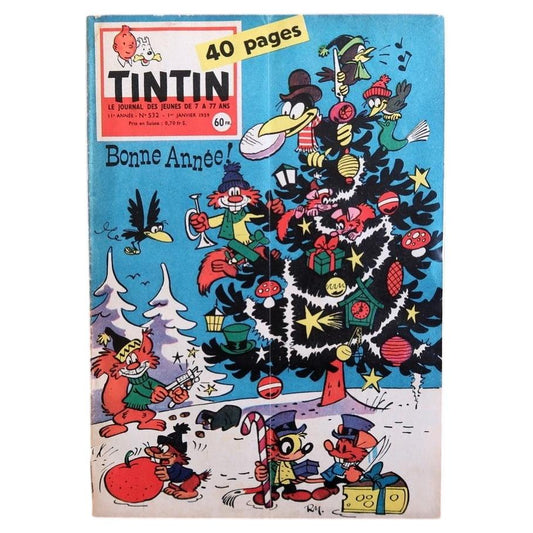 Front cover of vintage Tintin magazine No. 532, the 1959 New Year issue, featuring a festive “Bonne Année!” illustration with beloved cartoon characters gathered around a decorated Christmas tree in classic Franco-Belgian comic style.

