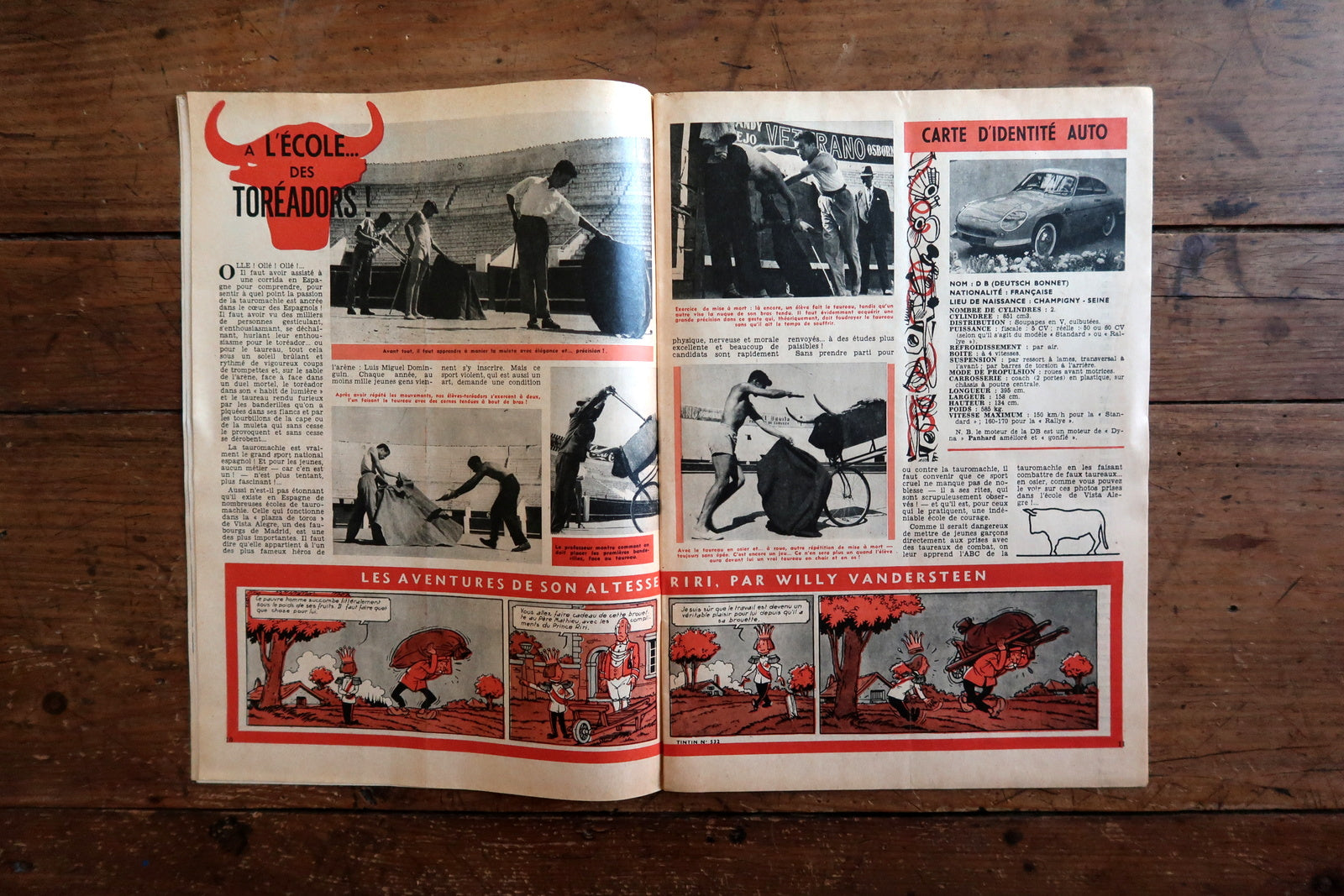 Open view of vintage Tintin magazine No. 532 showing interior comic strips including a page from Tintin au Tibet, “Jacques Thibaud,” and vintage advertisements from 1959.

