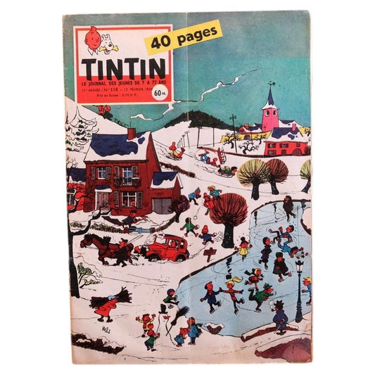 Front cover of vintage Tintin magazine No. 538 from February 12, 1959, featuring a charming winter-themed illustration of a lively village scene with children playing in the snow and ice skating, with the iconic Tintin header.

