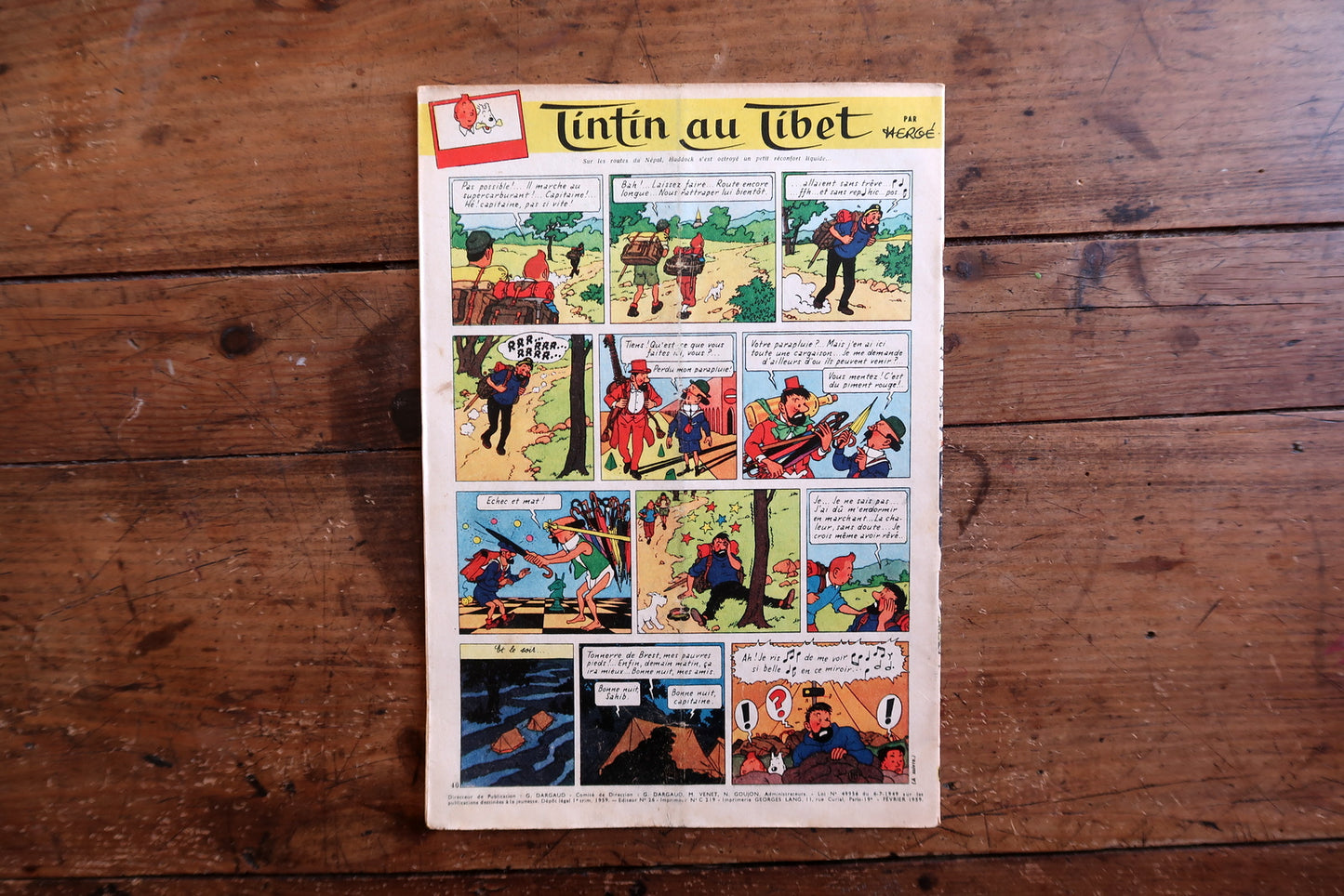 Vintage February 12, 1959 Tintin magazine issue No. 538 displayed flat, measuring approximately 27 x 21 cm, with French language text and bande dessinée artwork.

