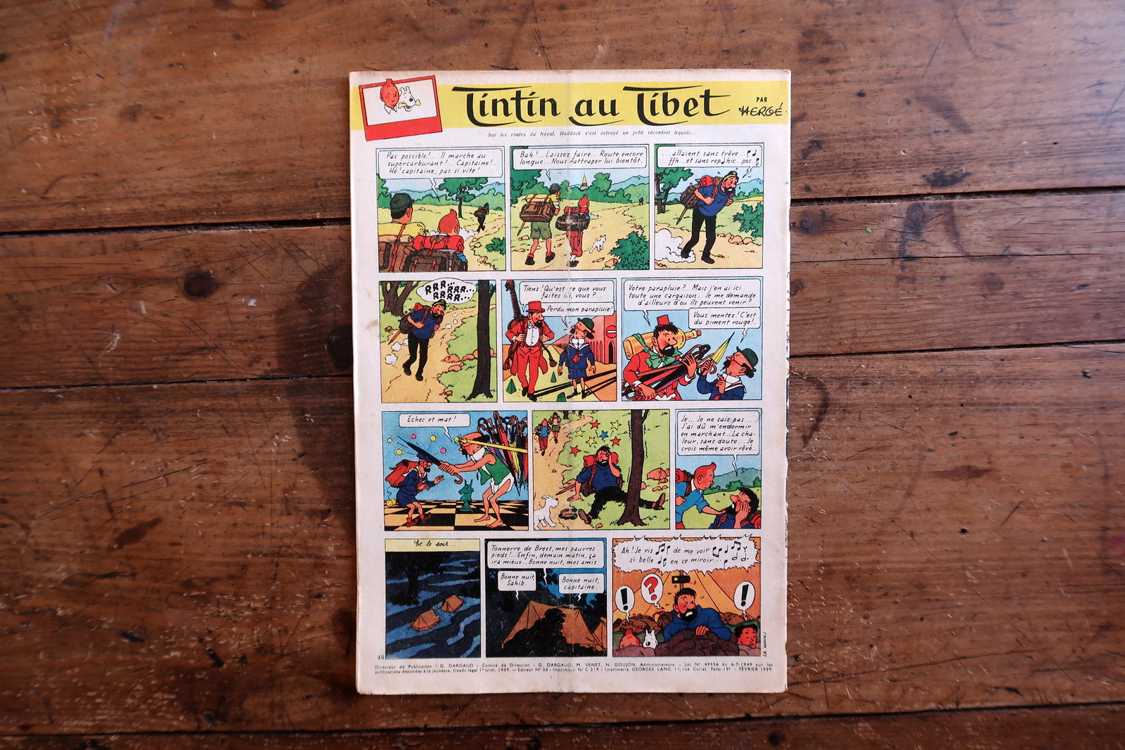 Vintage February 12, 1959 Tintin magazine issue No. 538 displayed flat, measuring approximately 27 x 21 cm, with French language text and bande dessinée artwork.

