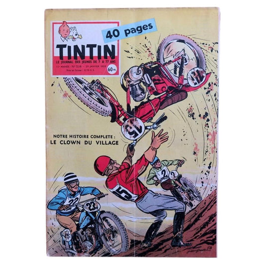 Front cover of vintage Tintin magazine No. 536 from January 29, 1959, featuring a dynamic motorcycle racing cover illustration with riders in motion, capturing mid-century motorsport energy and excitement.

