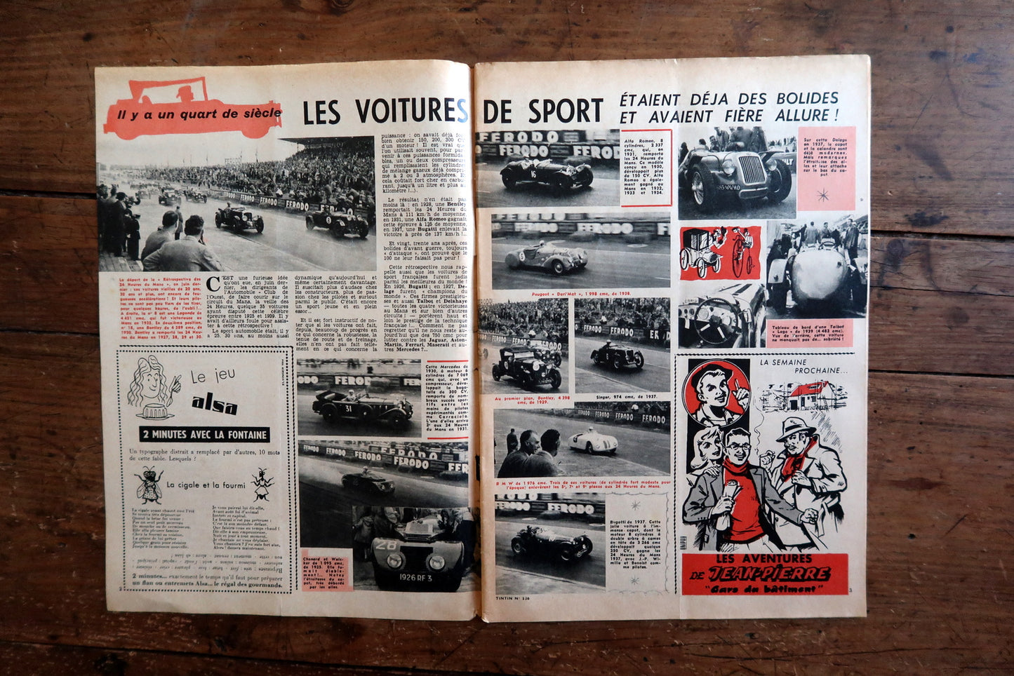 Collectible 1959 Tintin magazine – Le Journal des Jeunes – featuring a motorcycle racing cover and interior pages including a page from “Tintin au Tibet” by Hergé, one of the most iconic Tintin adventures.


