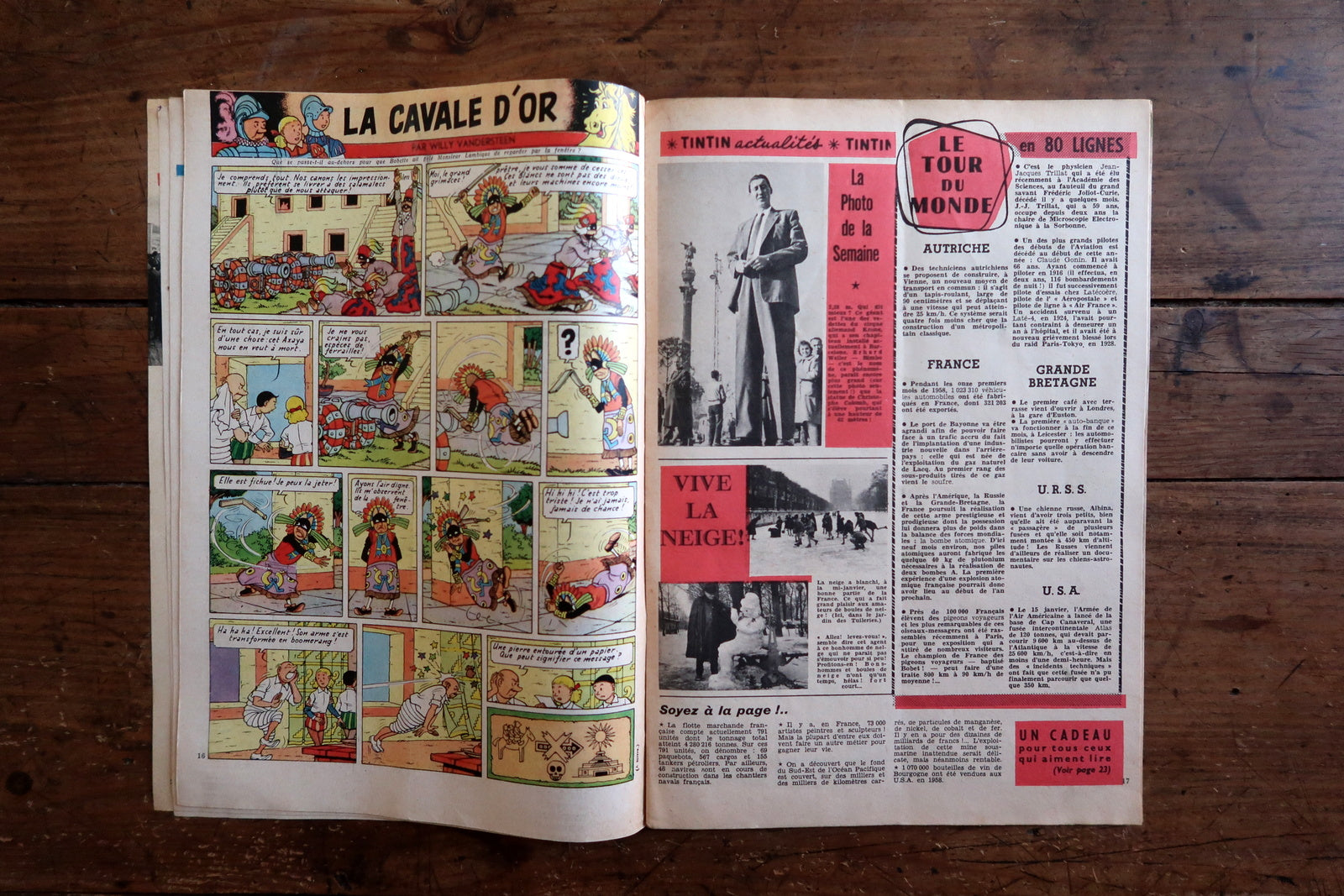 Open view of vintage Tintin magazine No. 536 showing interior comic strips including “Chick Bill” and “Jean-Pierre,” a feature on vintage sports cars (“Les voitures de sport”), and period advertisements.


