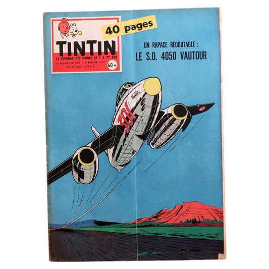 Front cover of vintage Tintin magazine No. 537 from February 5, 1959, featuring a bold jet aircraft cover illustration titled “Le S.O. 4050 Vautour” depicting a powerful military jet taking off, capturing late 1950s aviation fascination.


