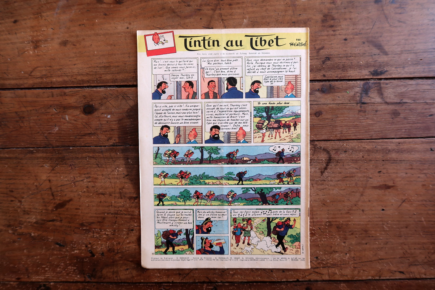 Vintage February 5, 1959 Tintin magazine issue No. 537 displayed flat, measuring approximately 27 x 21 cm, with French language text and bande dessinée artwork.

