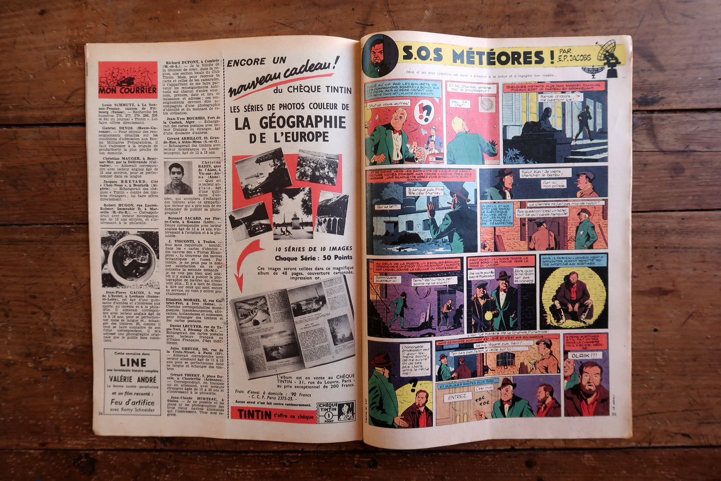 Back cover and spine detail of a February 5, 1959 Tintin comic magazine in good vintage condition with a visible central fold, light creases, edge wear, and minor scuffs on cover and spine.

