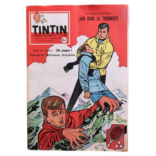 Front cover of Journal Tintin N°519 from October 2, 1958, featuring a gripping Reding illustration of two figures locked in a tense mountain struggle on a rocky alpine ridge, rendered in bold primary colors with cinematic drama.

