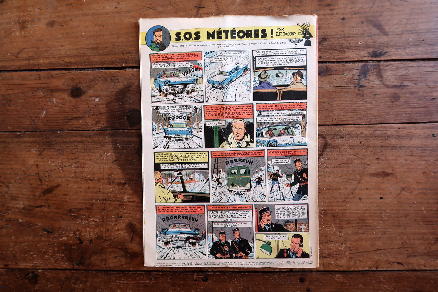 Collectible 1958 Journal de Tintin featuring a dramatic Reding cover, interior content including S.O.S. Météores by E.P. Jacobs (Blake & Mortimer) on the full back cover, and Jean Graton's Michel Vaillant "Le Grand Défi."

