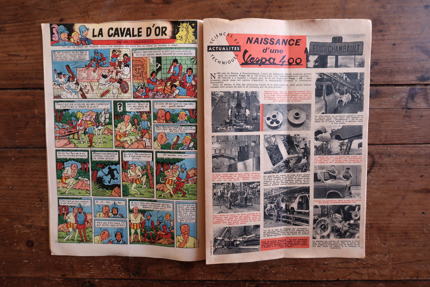 Back cover of a 1958 Tintin comic magazine showing the full-color S.O.S. Météores by E.P. Jacobs (Blake & Mortimer) – a high-speed car chase through a snowstorm with panels crackling with tension.

