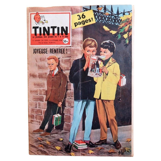Front cover of Journal Tintin N°520 from October 9, 1958, featuring a charming nostalgic illustration by Alin of three schoolboys on an autumn cobblestone street, one proudly showing his copy of Tintin to friends with golden leaves scattered at their feet and the headline "Joyeuse Rentrée!"

