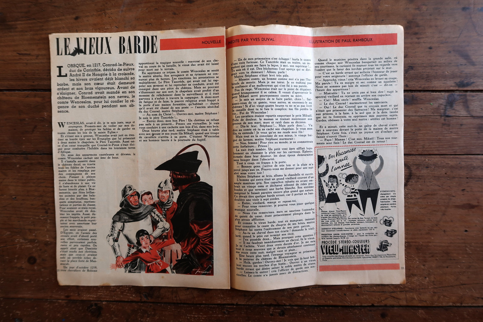 Open view of original Tintin magazine N°520 showing interior pages including Franquin's Modeste et Pompon (domestic comedy strip), Zone Interdite by François Craenhals, La Griffe Noire, and "Le Vieux Barde" illustrated short story.

