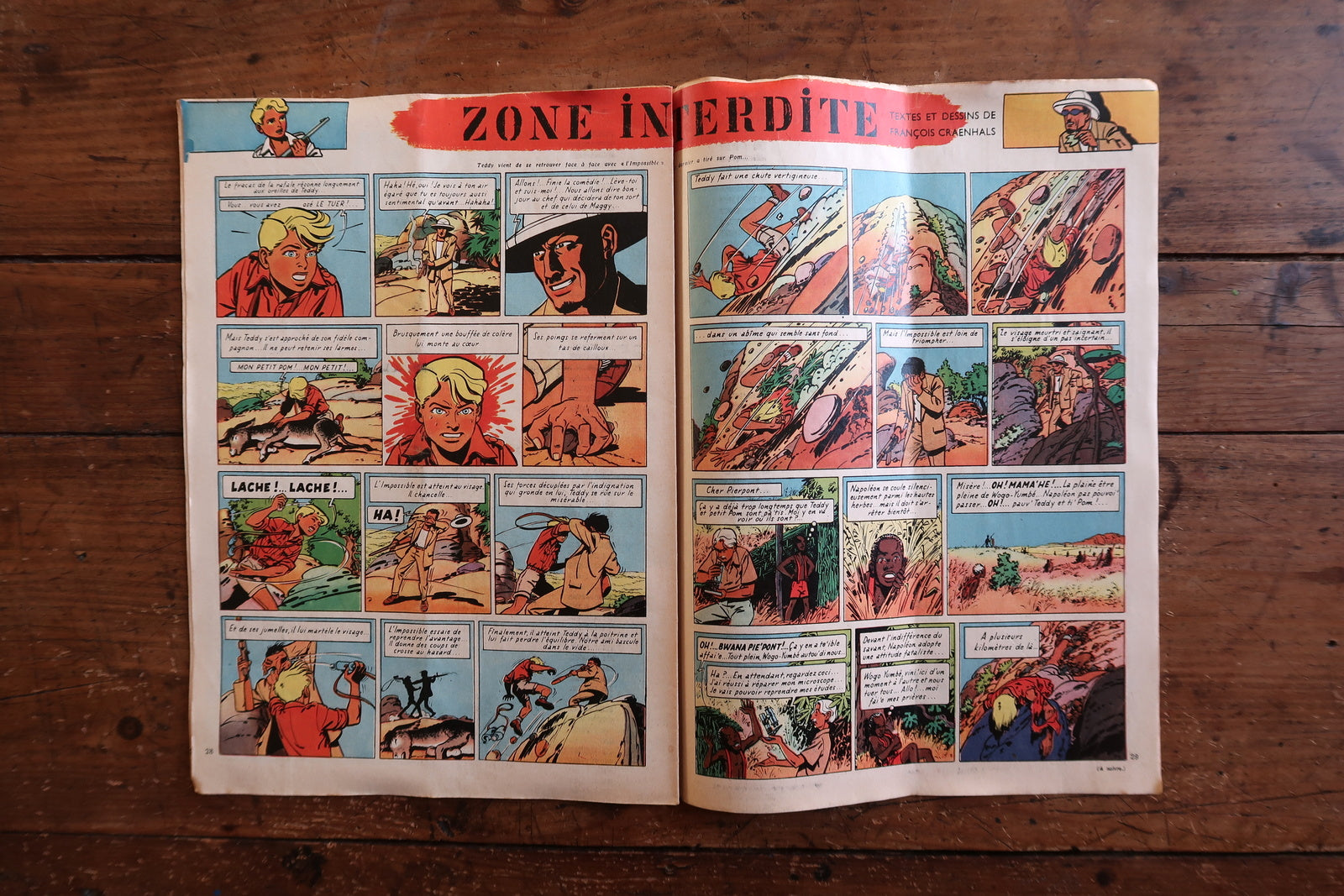 Back cover of a 1958 Tintin comic magazine showing the full-page color S.O.S. Météores by E.P. Jacobs (Blake & Mortimer) – a tense motorcycle pursuit through a snow-blanketed Paris in meticulous ligne claire style.

