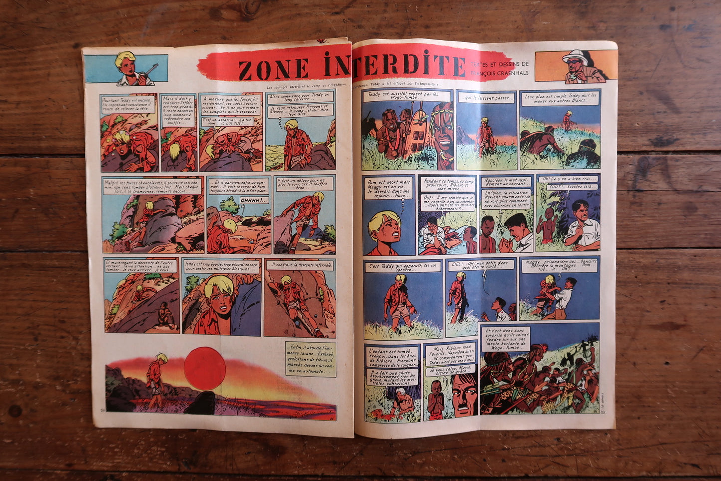 Close-up of the cover art on a 1958 French-Belgian Tintin comic magazine showing a bold, graphic chase scene with a lightning bolt, the iconic Tintin header, and the issue number N°521.

