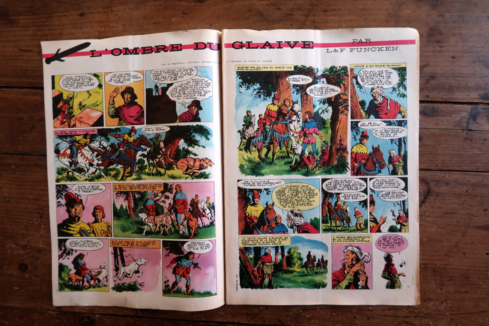 Back cover of a 1958 Tintin comic magazine showing a full-page color episode of Modeste et Pompon by Franquin – a long-suffering father discovers his freshly commissioned oil portrait has been repurposed by children as a dartboard in eight panels of perfectly timed comic genius.


