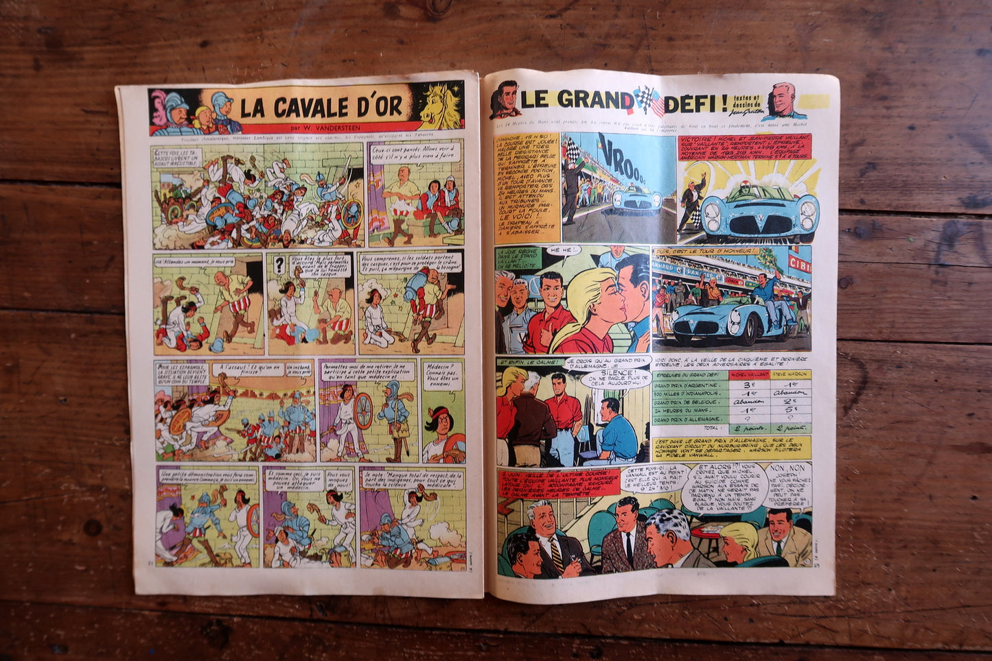 Close-up of the cover art on a 1958 French-Belgian Tintin comic magazine showing a vintage Bugatti racing car in full throttle, with the headline "Notre Histoire Complète: BUGATTI" and the iconic Tintin header.

