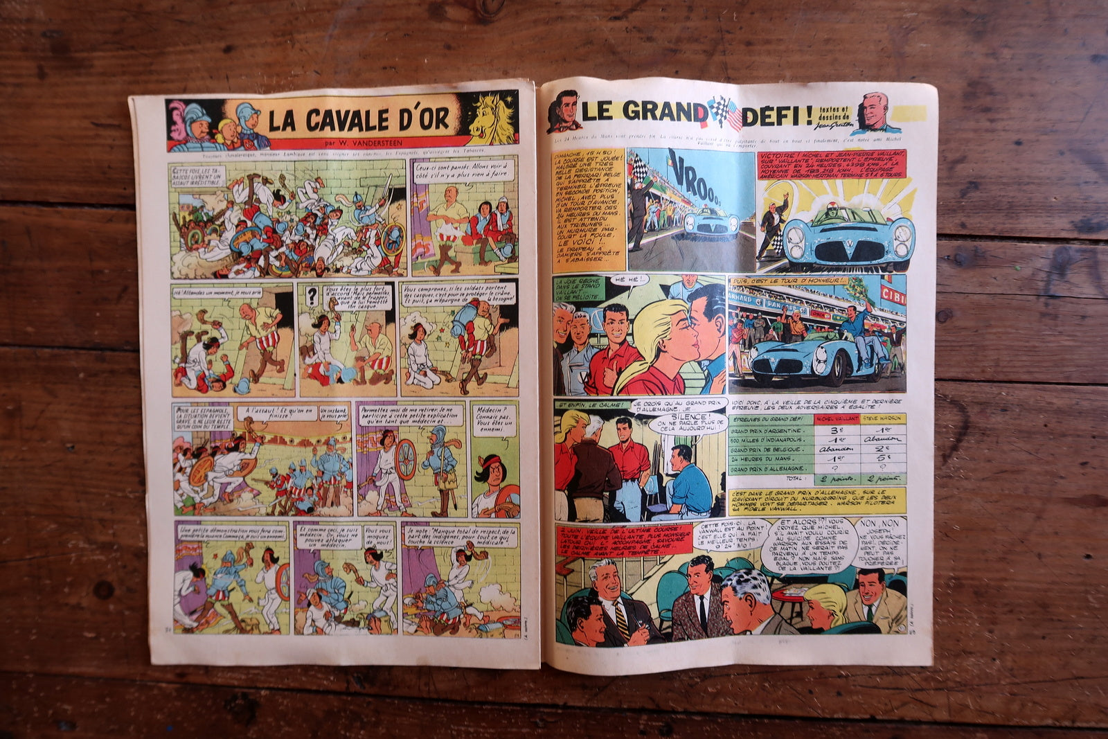 Close-up of the cover art on a 1958 French-Belgian Tintin comic magazine showing a vintage Bugatti racing car in full throttle, with the headline "Notre Histoire Complète: BUGATTI" and the iconic Tintin header.

