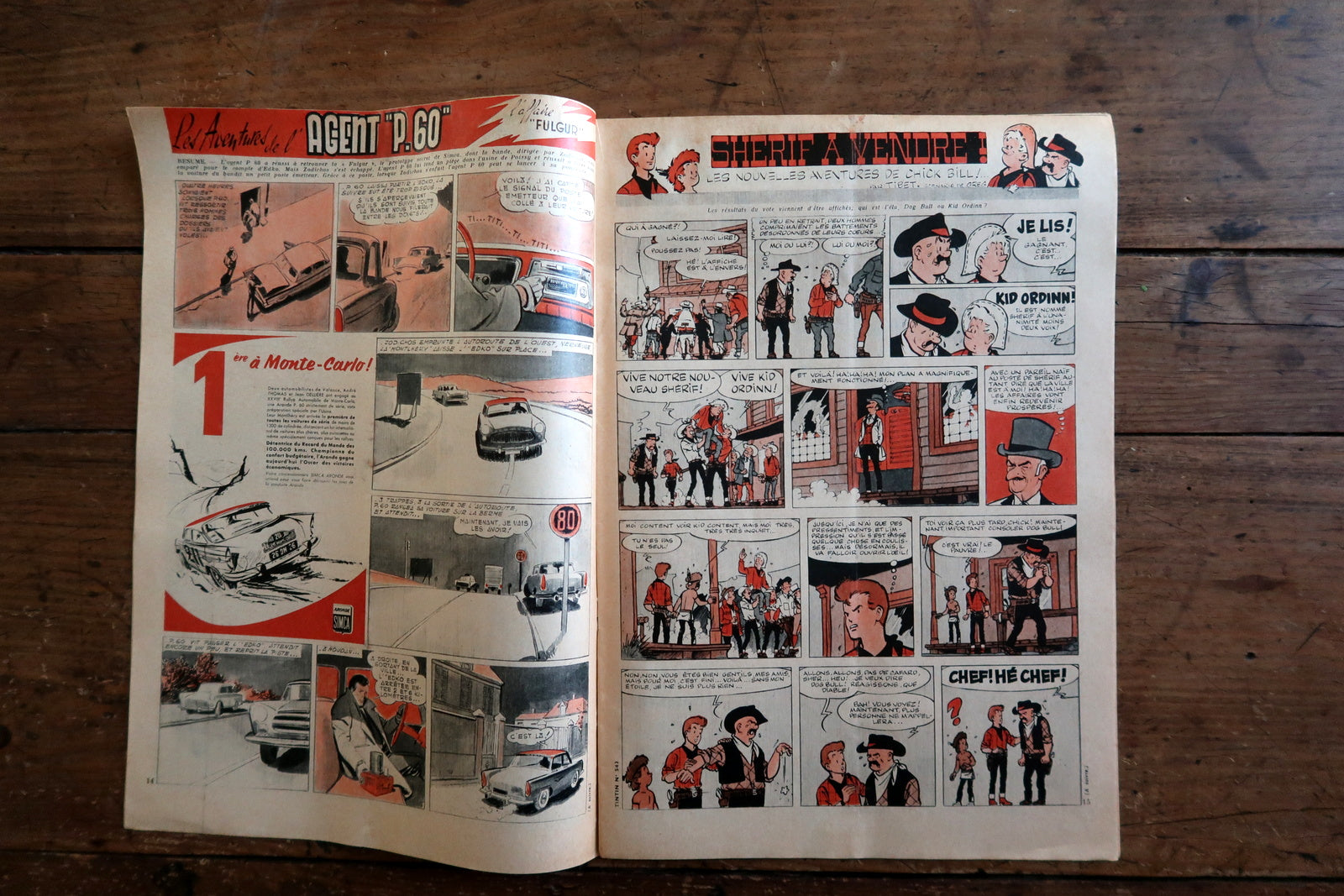 Back cover of a 1959 Tintin comic magazine showing a full-page color episode of Tintin au Tibet by Hergé – Tintin, Captain Haddock, and Tchang along a treacherous Himalayan mountain path, culminating in Haddock sending a stone pagoda tumbling down the mountainside with "DING!" in immaculate ligne claire style.

