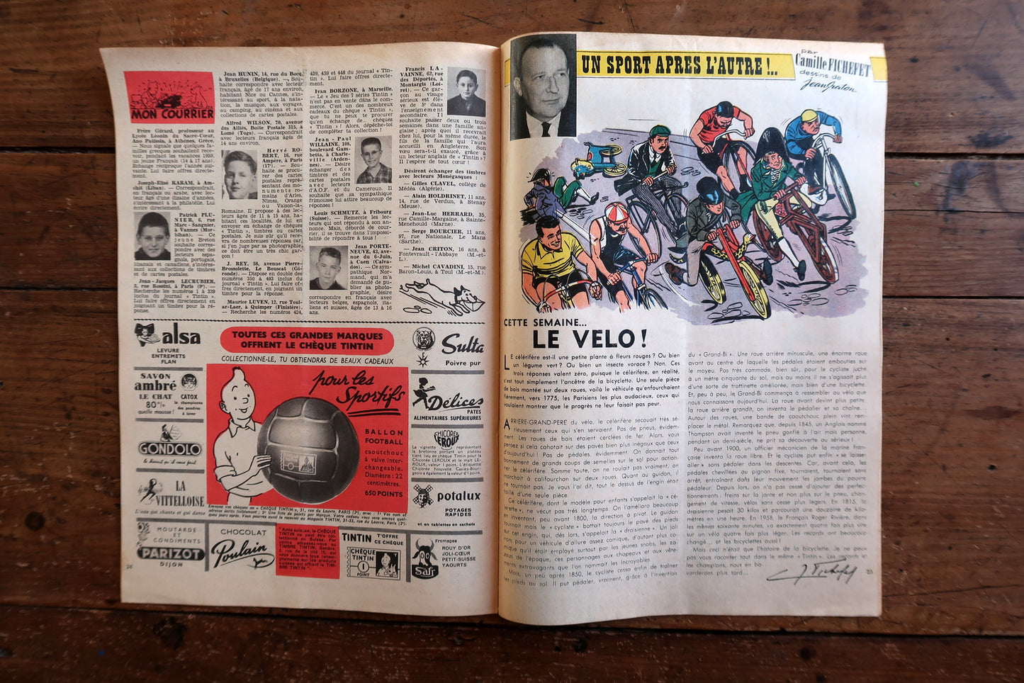 Open view of original Tintin magazine N°542 showing interior pages including Agent "P.60" (Fulgoni) set against the Monte-Carlo Rally with period racing cars and Cold War intrigue, and Chick Bill "Shérif à Vendre!" (Tibet & Greg) in bold red, black, and white.

