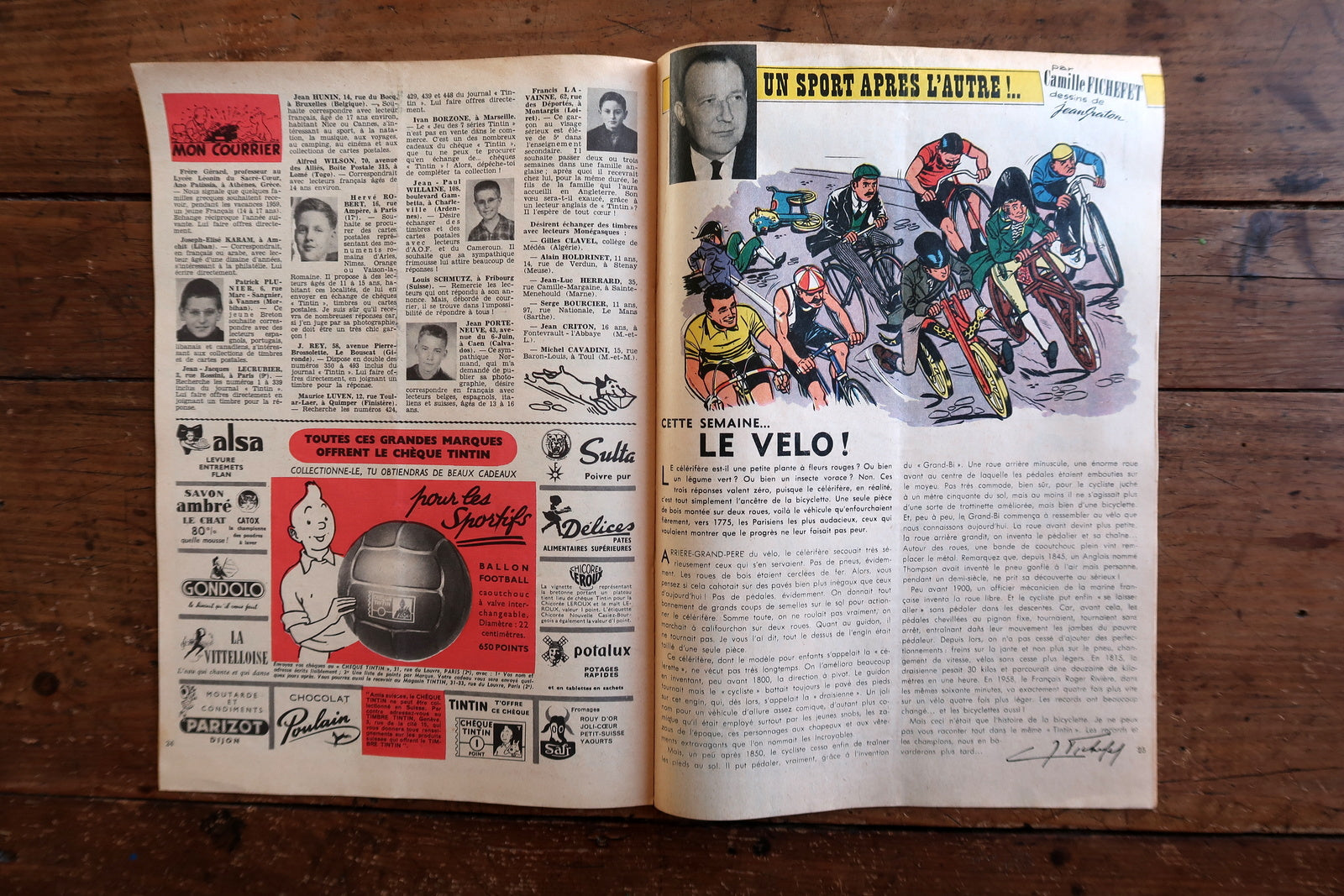 Open view of original Tintin magazine N°542 showing interior pages including Agent "P.60" (Fulgoni) set against the Monte-Carlo Rally with period racing cars and Cold War intrigue, and Chick Bill "Shérif à Vendre!" (Tibet & Greg) in bold red, black, and white.

