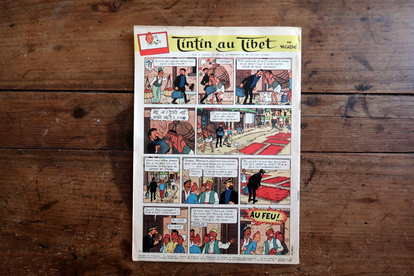 Collectible 1959 Journal de Tintin featuring an exceptionally historically significant cover: a signed Albert Uderzo illustration from Oumpah-Pah le Peau-Rouge – the direct creative forerunner to Astérix (launched October 1959) – with a full-page color Tintin au Tibet episode by Hergé on the back cover.

