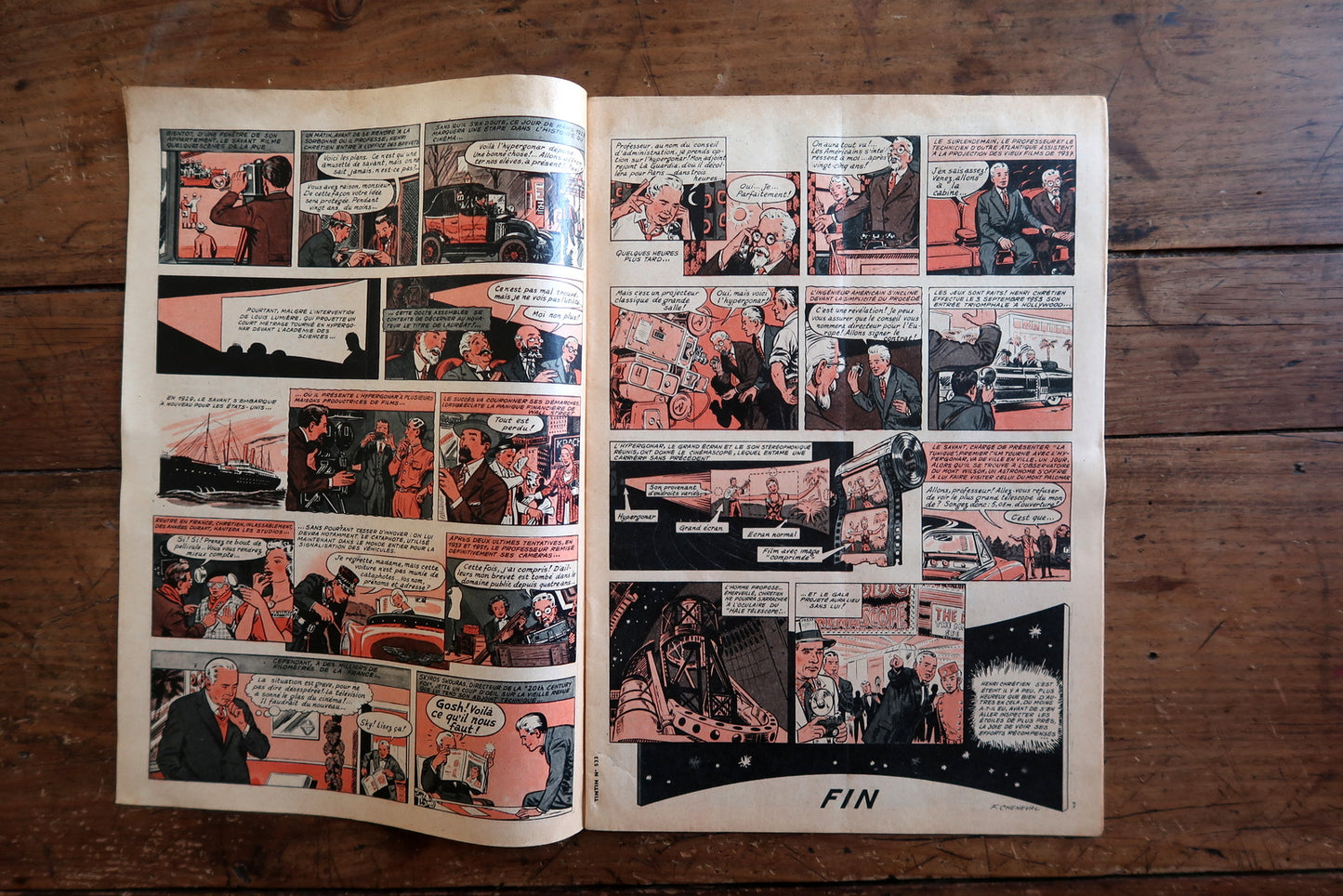 Back cover of a 1959 Tintin comic magazine showing a full-page color episode of Tintin au Tibet by Hergé – Tintin and Captain Haddock in a bustling Nepalese market, rendered in immaculate ligne claire with warm ochres and reds against cool Himalayan blue, culminating in a dramatic "AU FEU!"

