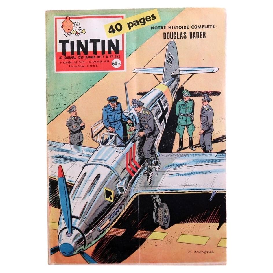 Front cover of Journal Tintin N°534 from January 29, 1959, signed by Fernand Cheneval, featuring a photorealistic illustration of a gleaming Focke-Wulf Fw 190 Luftwaffe fighter with ace of spades on the fuselage and swastika on the tail, sitting on a sunlit airfield tarmac while five German officers in full uniform conduct their inspection, with the headline "Notre Histoire Complète: DOUGLAS BADER."

