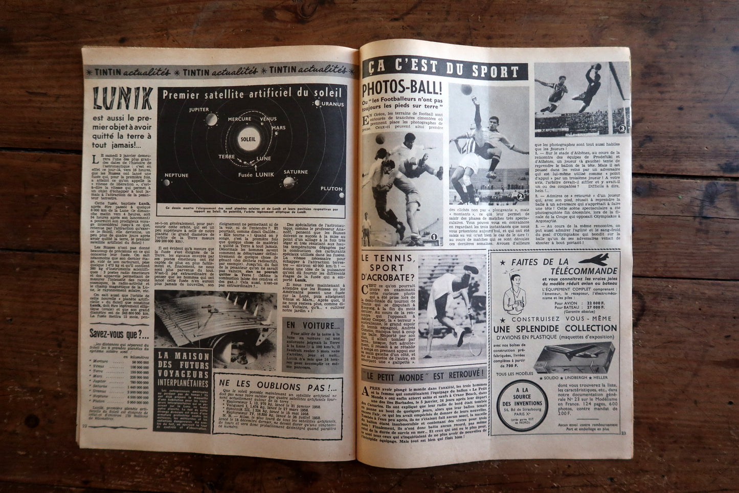 Open view of original Tintin magazine N°534 showing interior pages including L. & F. Funcken's breathtaking double-page spread of L'Ombre du Glaive (medieval forest ambush with white horse rearing against deep forest green sky) and the Tintin Actualités news section.

