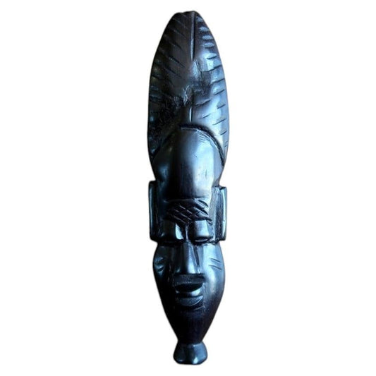 African ebonized wood mask — carved West African mask with herringbone leaf crest

