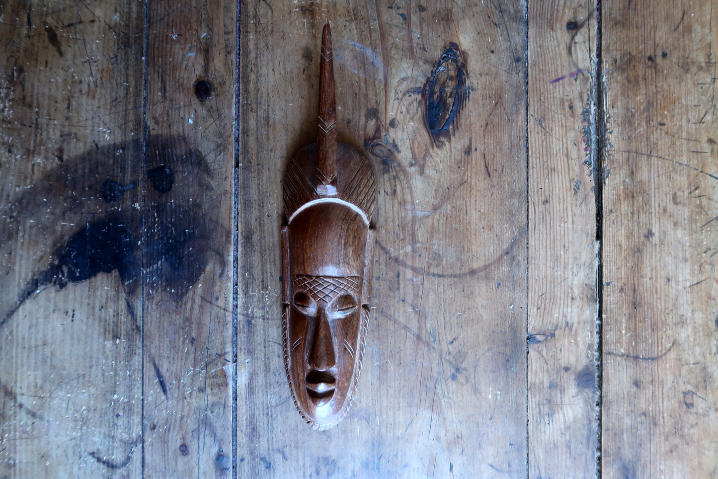 Côte d’Ivoire tribal mask — hardwood carving in Baoulé style with horn crest

