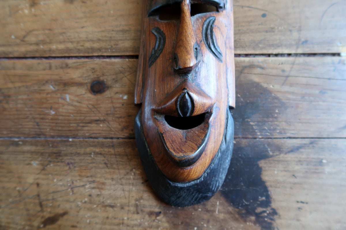 Macro view of the lower face highlighting the small protruding carved mouth, smooth chin line, and natural polished wood grain.