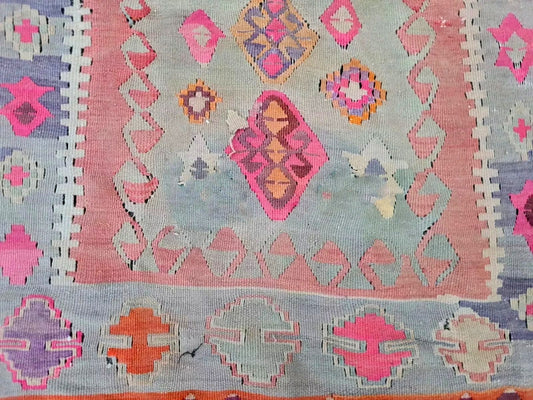 Full view of 1940s Turkish kilim with geometric tribal bands

