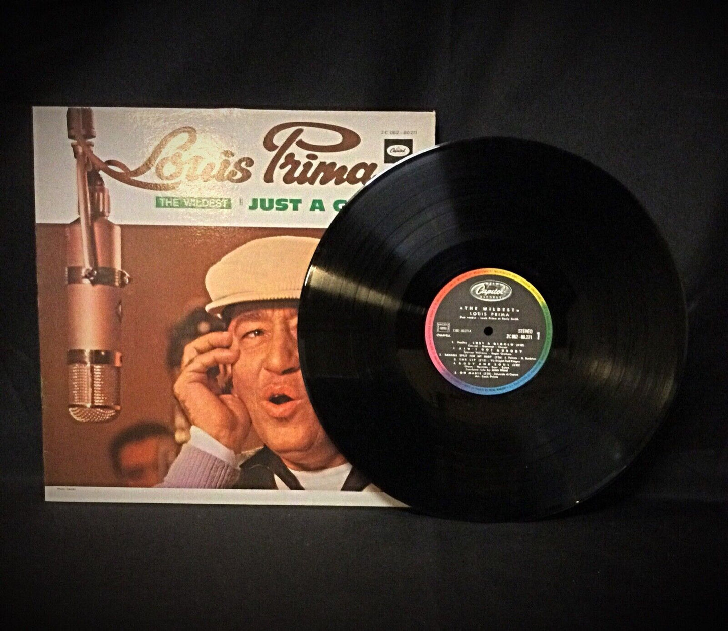 Louis Prima's "The Wildest" vinyl record laid flat on a table
