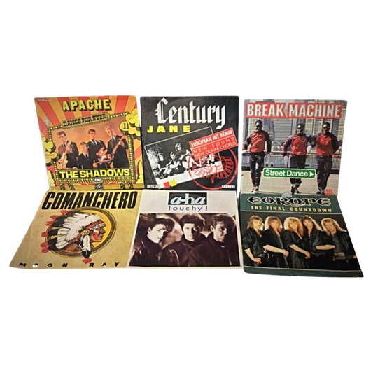 Lot of 6 vintage 45 RPM vinyl records featuring various artists and hits.