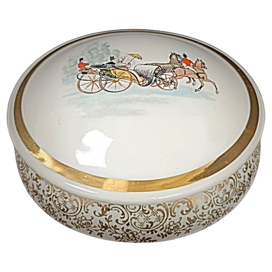Antique L.F. porcelain bonbonnière with a coach scene
